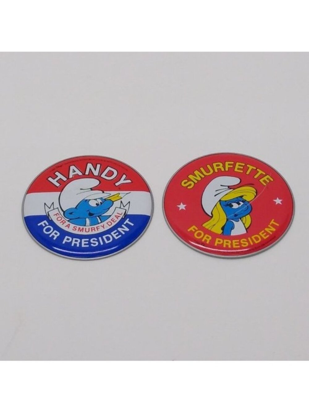 Smurfs PEYO Smurfette Handy Smurf Schleich Campaign Buttons 1984 Vintage 3" Diam